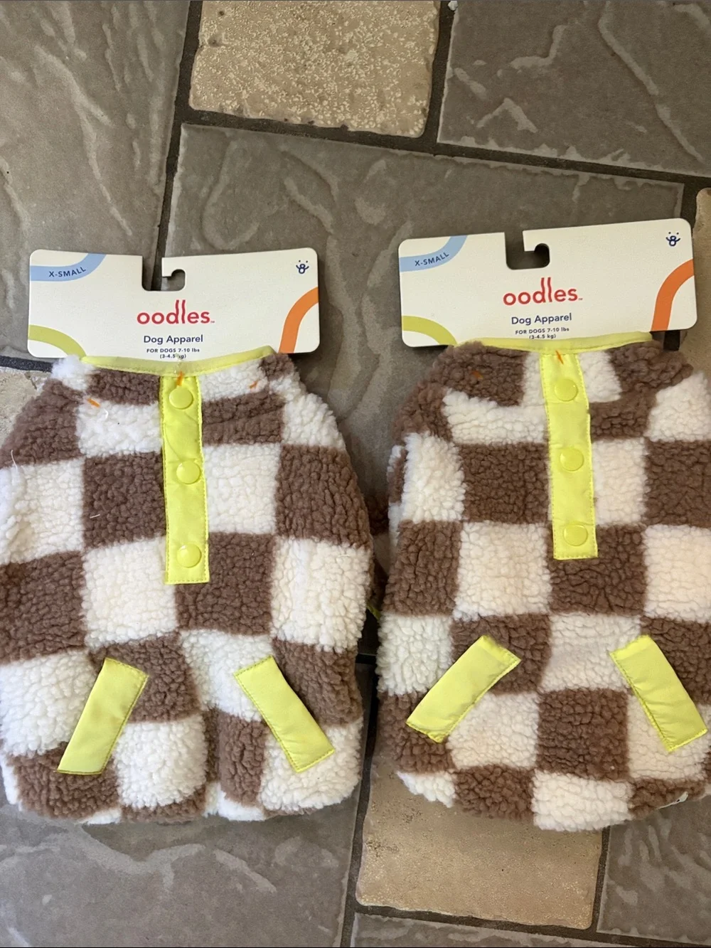 Oodles Brown & Cream Checkerboard Dog Hoodie with Yellow Trim lot 2 XS